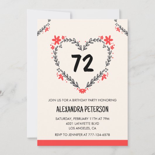 Invitation Modern Any age Floral Heart pour son 72e anniversa (Devant)