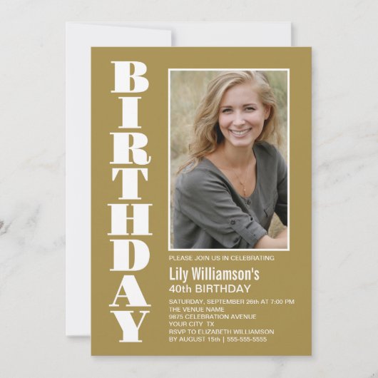 Invitation Modern Any Age Gold White Photo fête d'anniversair (Devant)