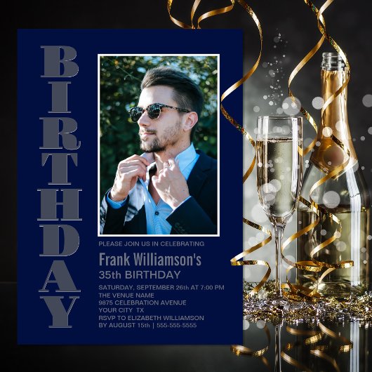 Invitation Modern Any Age Grey Navy Blue Photo Birthday Party