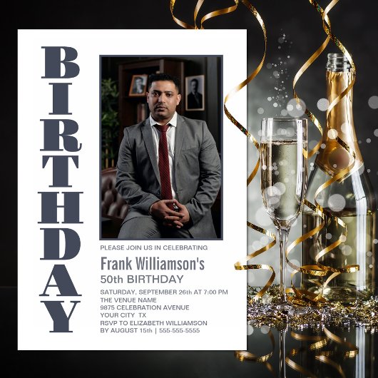 Invitation Modern Any Age Grey White Photo Fête d'anniversair