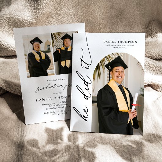 Invitation Modern Arch Photo He Did It Graduation