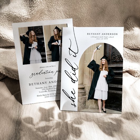 Invitation Modern Arch Photo She Did It Graduation