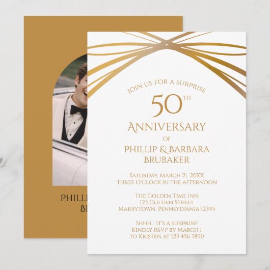 Invitation Modern Arch Photo Surprise 50th Anniversary Party (Devant / Derrière)