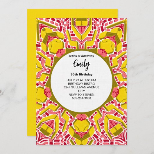 Invitation Modern Artistic Yellow & Pink Abstract Pattern (Devant / Derrière)