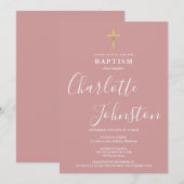 Invitation Modern Baptism Christening Dusty Rose Pink (Devant / Derrière)