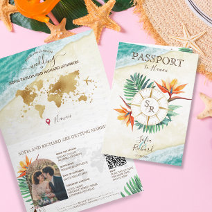 Invitation Modern Beach Destination Mariage Passeport QR Code