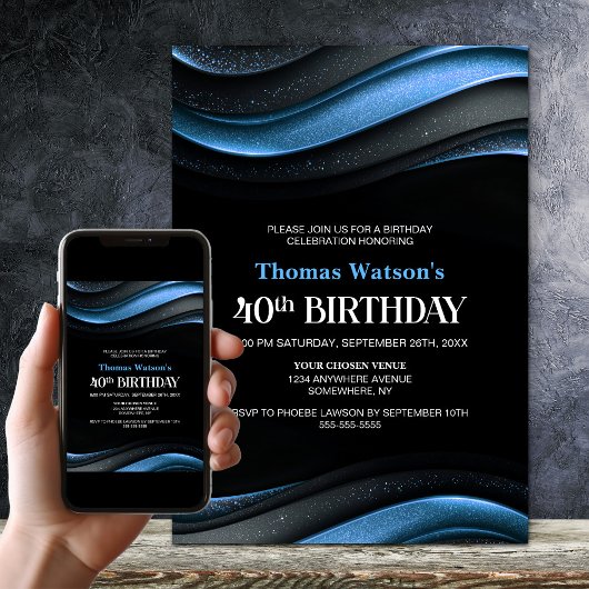 Invitation Modern Black and Blue 40th Birthday Party