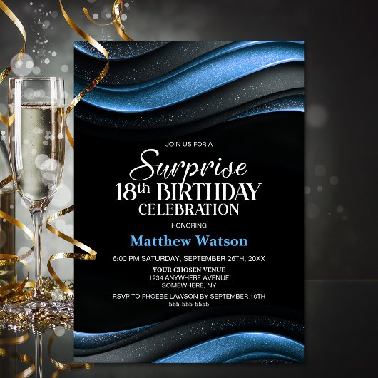 Invitation Modern Black and Blue Surprise 18th Birthday Party
