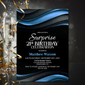 Invitation Modern Black and Blue Surprise 21st Birthday Party