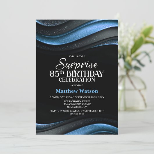 Invitation Modern Black and Blue Surprise 85th Birthday Party (Debout devant)