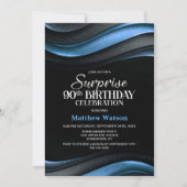 Invitation Modern Black and Blue Surprise 90th Birthday Party (Devant)