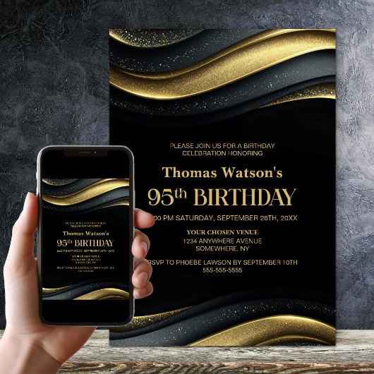 Invitation Modern Black and Gold 95th Birthday Party