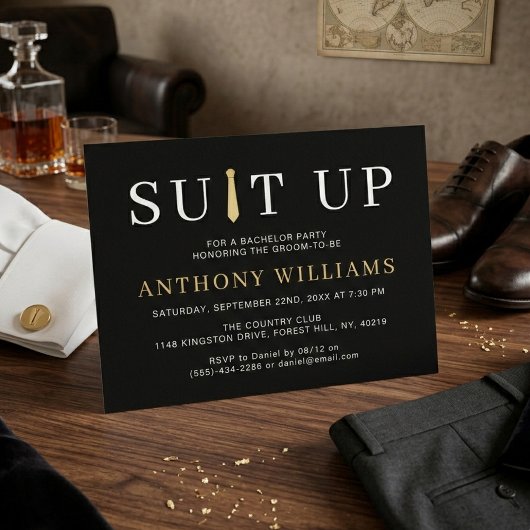 Invitation Modern Black and Gold Suit Up Bachelor Party