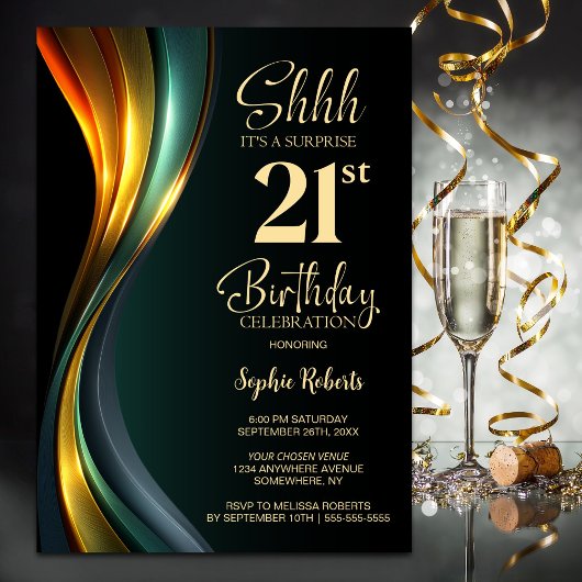 Invitation Modern Black and Gold Surprise 21st Birthday Party