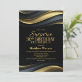Invitation Modern Black and Gold Surprise 30th Birthday Party (Debout devant)