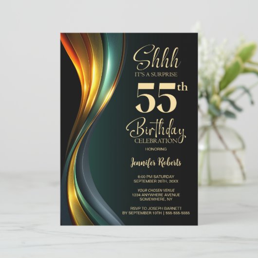 Invitation Modern Black and Gold Surprise 55th Birthday Party (Debout devant)