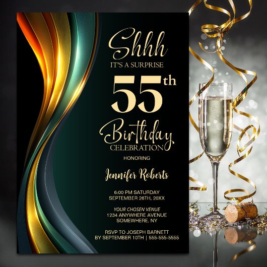 Invitation Modern Black and Gold Surprise 55th Birthday Party