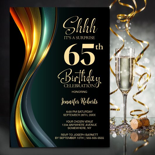 Invitation Modern Black and Gold Surprise 65th Birthday Party