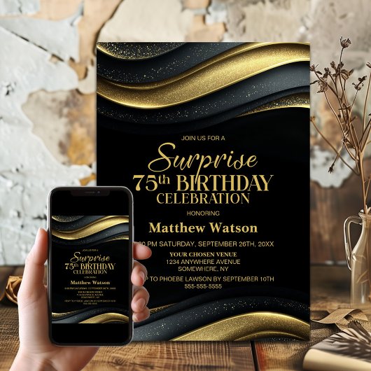 Invitation Modern Black and Gold Surprise 75th Birthday Party