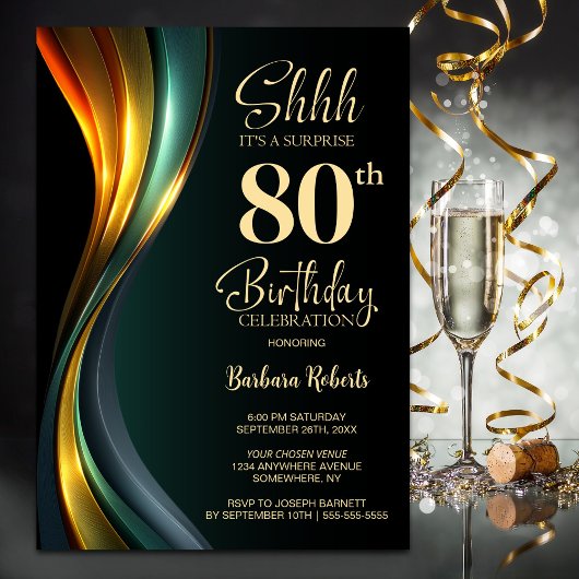 Invitation Modern Black and Gold Surprise 80th Birthday Party