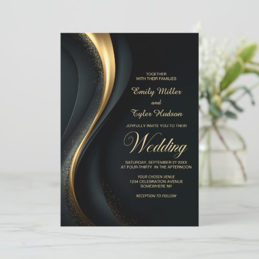 Invitation Modern Black and Gold Wedding (Debout devant)
