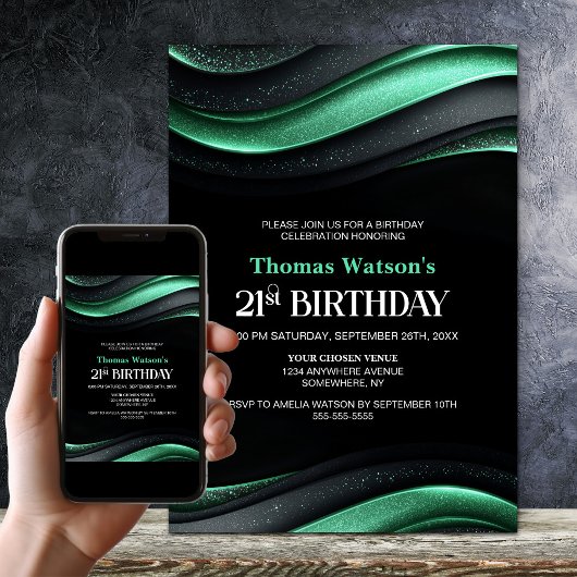 Invitation Modern Black and Green 21st Birthday Party