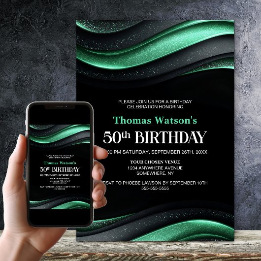 Invitation Modern Black and Green 50th Birthday Party
