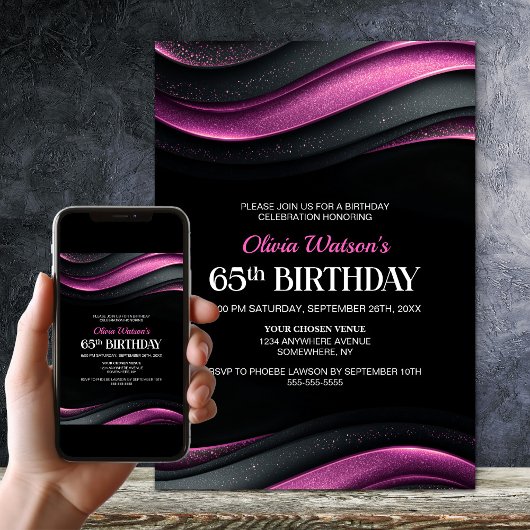 Invitation Modern Black and Pink 65th Birthday Party