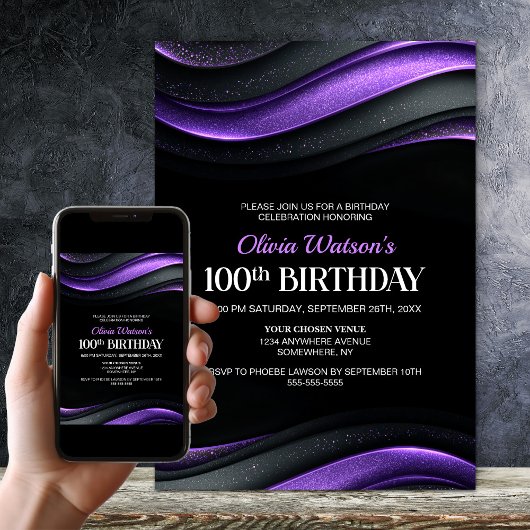 Invitation Modern Black and Purple 100th Birthday Party