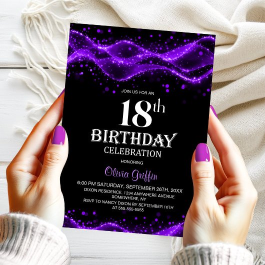 Invitation Modern Black and Purple 18th Birthday Party