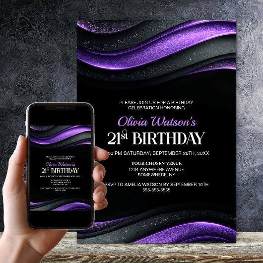 Invitation Modern Black and Purple 21st Birthday Party