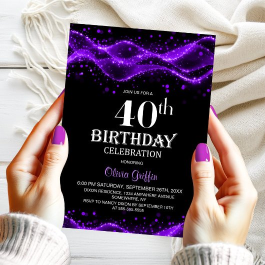 Invitation Modern Black and Purple 40th Birthday Party
