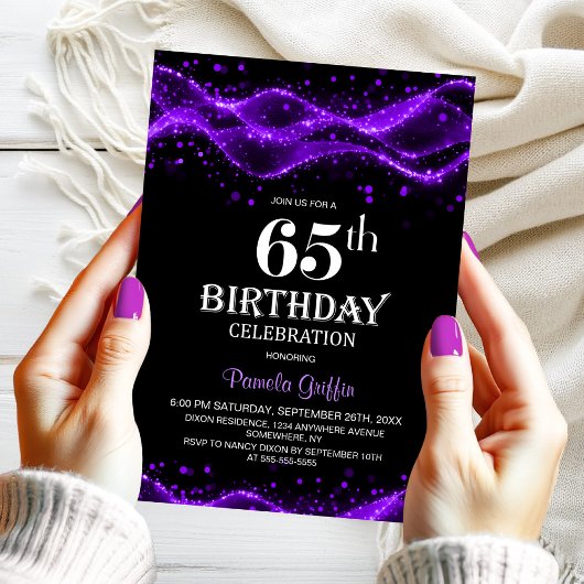 Invitation Modern Black and Purple 65th Birthday Party