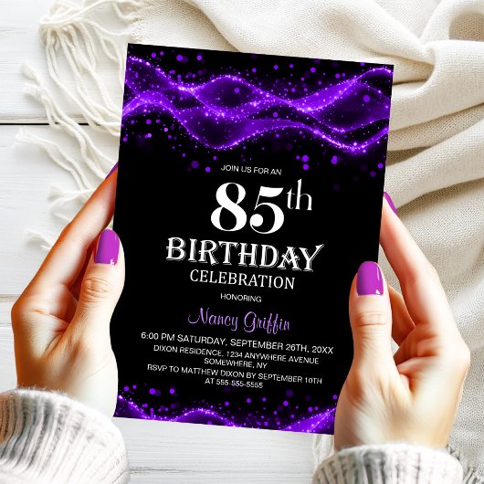 Invitation Modern Black and Purple 85th Birthday Party