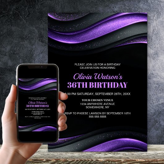 Invitation Modern Black and Purple Any Age Birthday Party