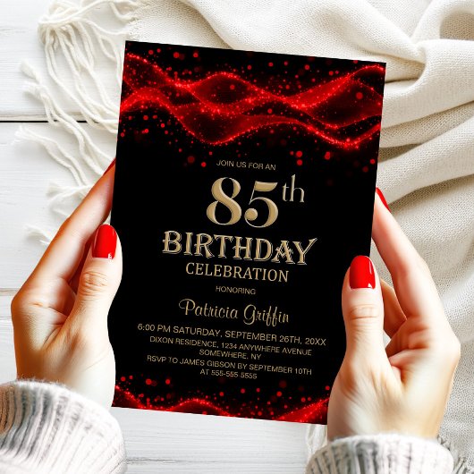 Invitation Modern Black and Red 85th Birthday Party
