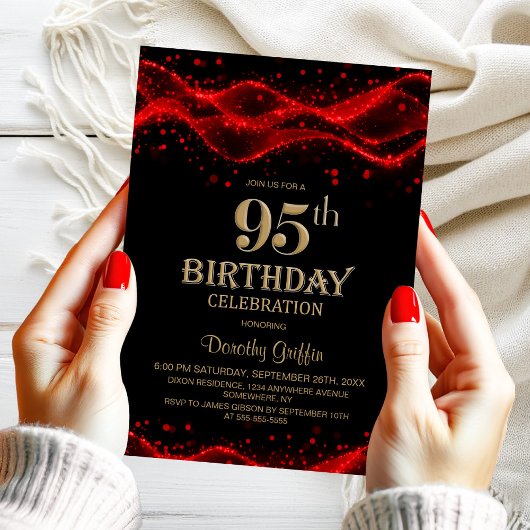Invitation Modern Black and Red 95th Birthday Party