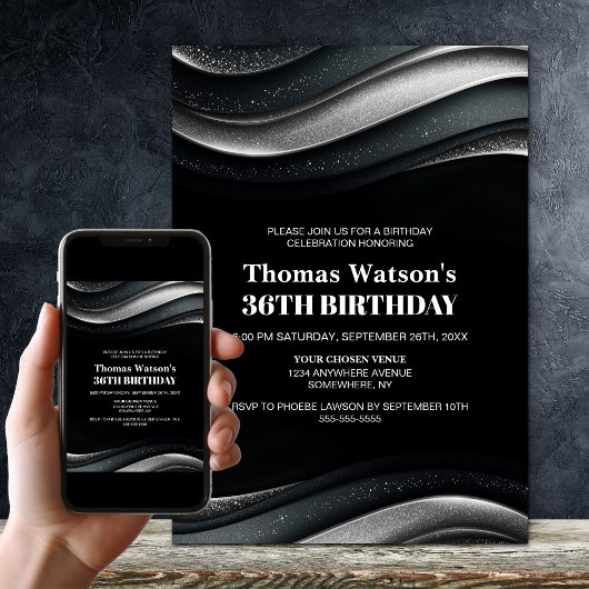Invitation Modern Black and Silver Any Age Birthday Party