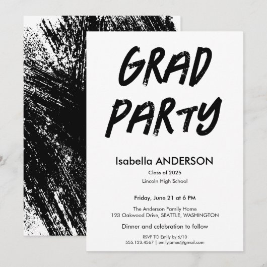 Invitation Modern Black and White Graduation Party (Devant / Derrière)