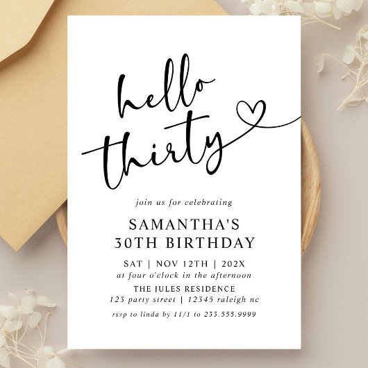 Invitation Modern Black and White Hello 30th Birthday Party