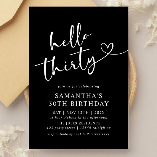 Invitation Modern Black and White Hello 30th Birthday Party