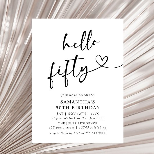 Invitation Modern Black and White Hello Fifty Birthday Party