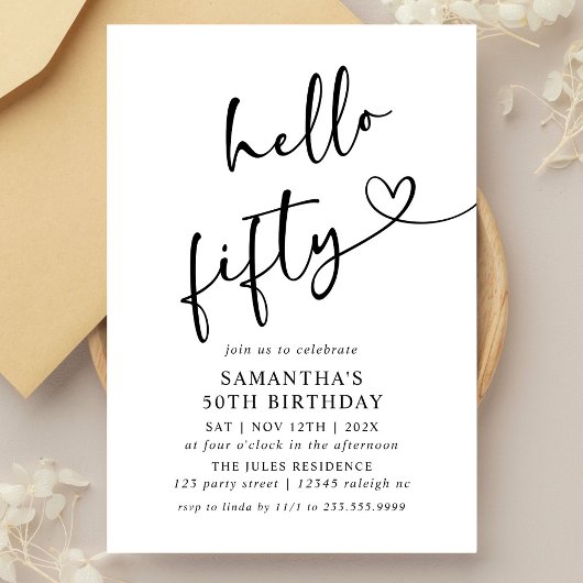 Invitation Modern Black and White Hello Fifty Birthday Party