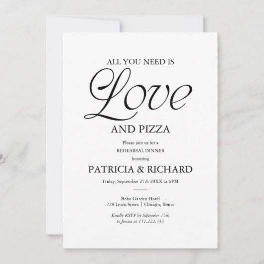 Invitation Modern Black and White Pizza Wedding Rehearsal (Devant)