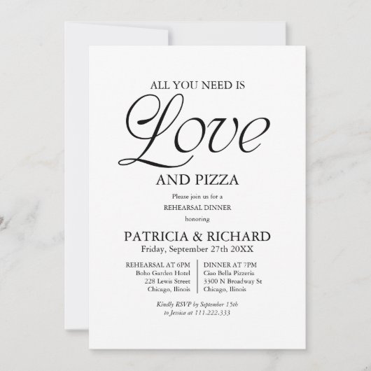 Invitation Modern Black and White Pizza Wedding Rehearsal (Devant)