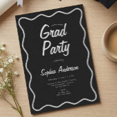 Invitation Modern Black Charcoal Photo Collage Graduation