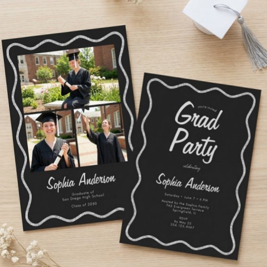 Invitation Modern Black Charcoal Photo Collage Graduation