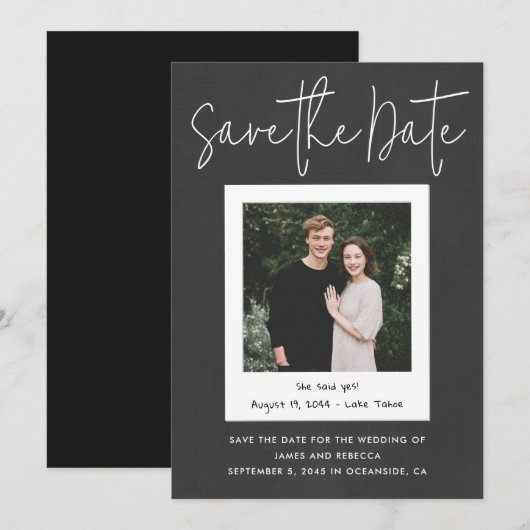 Invitation Modern Black Custom Engagement Photo Save the Date (Devant / Derrière)
