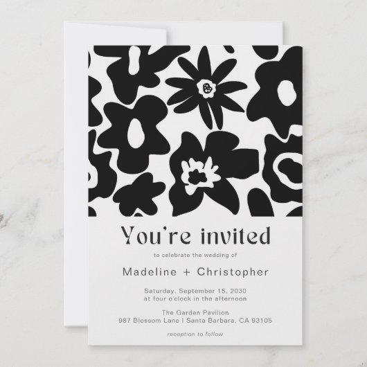 Invitation Modern Black Floral QR Code Wedding (Devant)