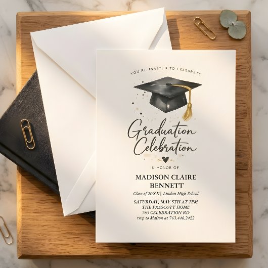 Invitation Modern Black & Gold Calligraphy Graduation Party 